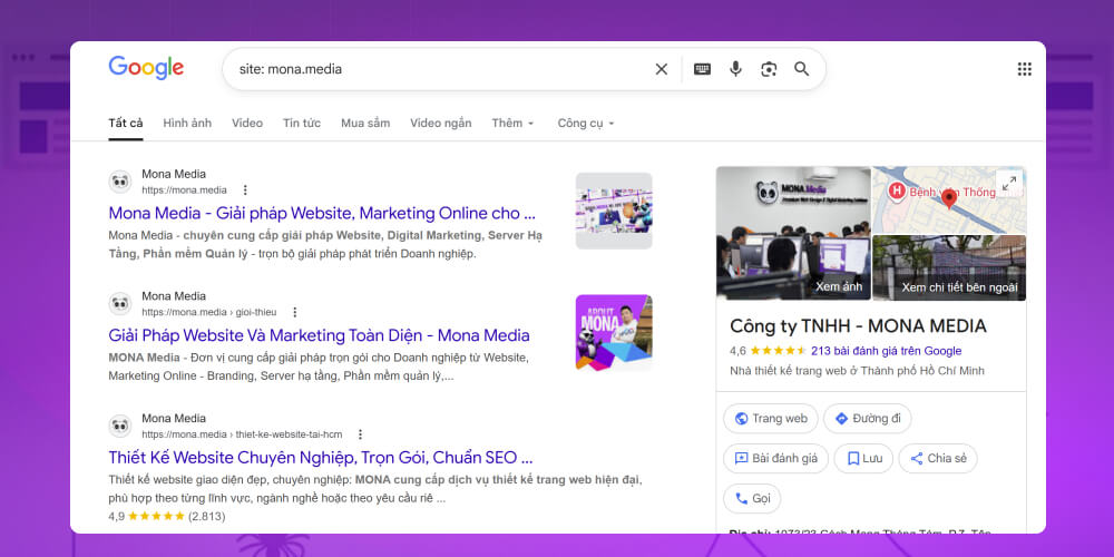 Nhập “site:url” check index