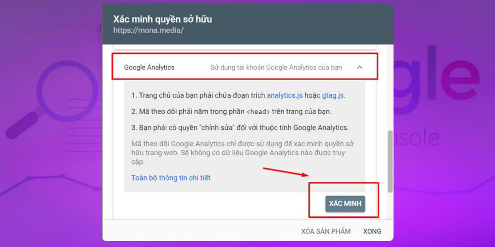Xác minh bằng gg Analytics