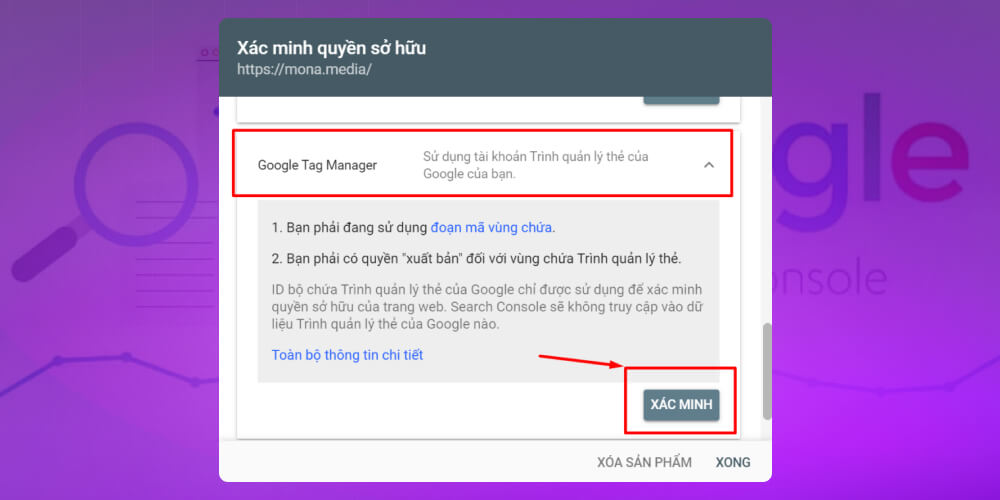 Xác minh bằng gg Tag Manager