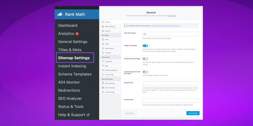 Rank Math chọn Sitemap Settings