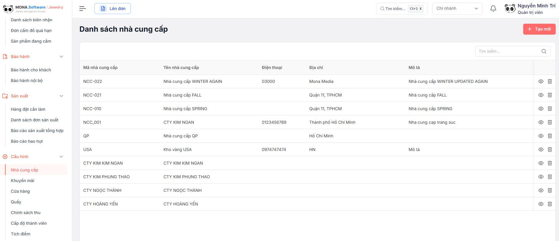Tính năng quản lý đối tác cung ứng của app quản lý tiệm vàng