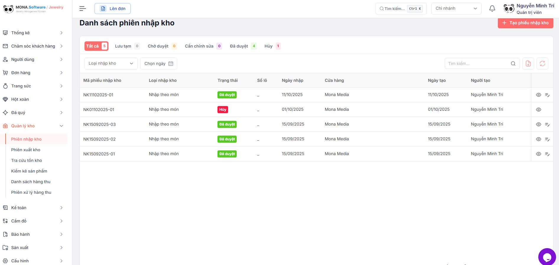 Tính năng quản lý kho hàng của ứng dụng quản lý tiệm vàng