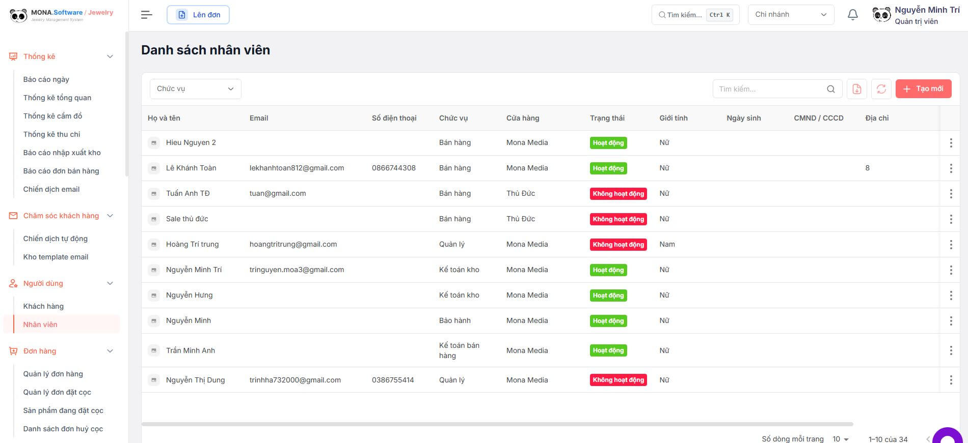 Tính năng quản lý nhân sự của phần mềm vàng bạc, đá quý