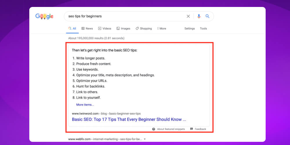 Snippets dạng danh sách