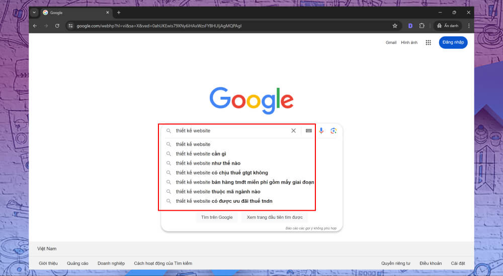 Những gợi ý được Google đề xuất khi nhập từ khóa thiết kế website