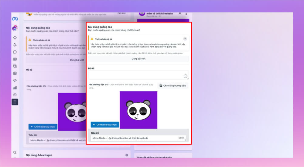 Bước thiết lập nội dung chạy quảng cáo Facebook Ads